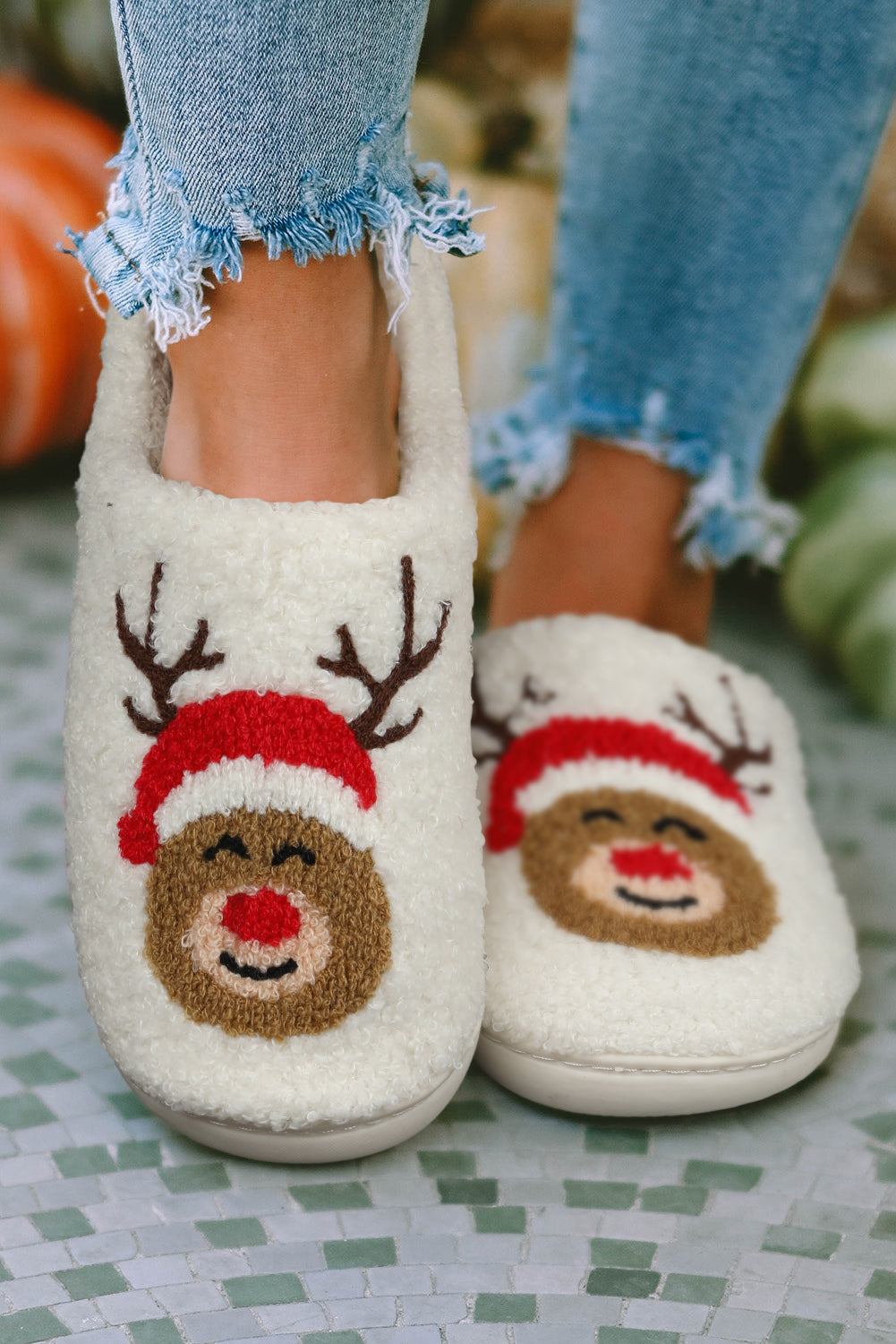 White Christmas Deer Indoor Plush Slippers The Diamond Electric