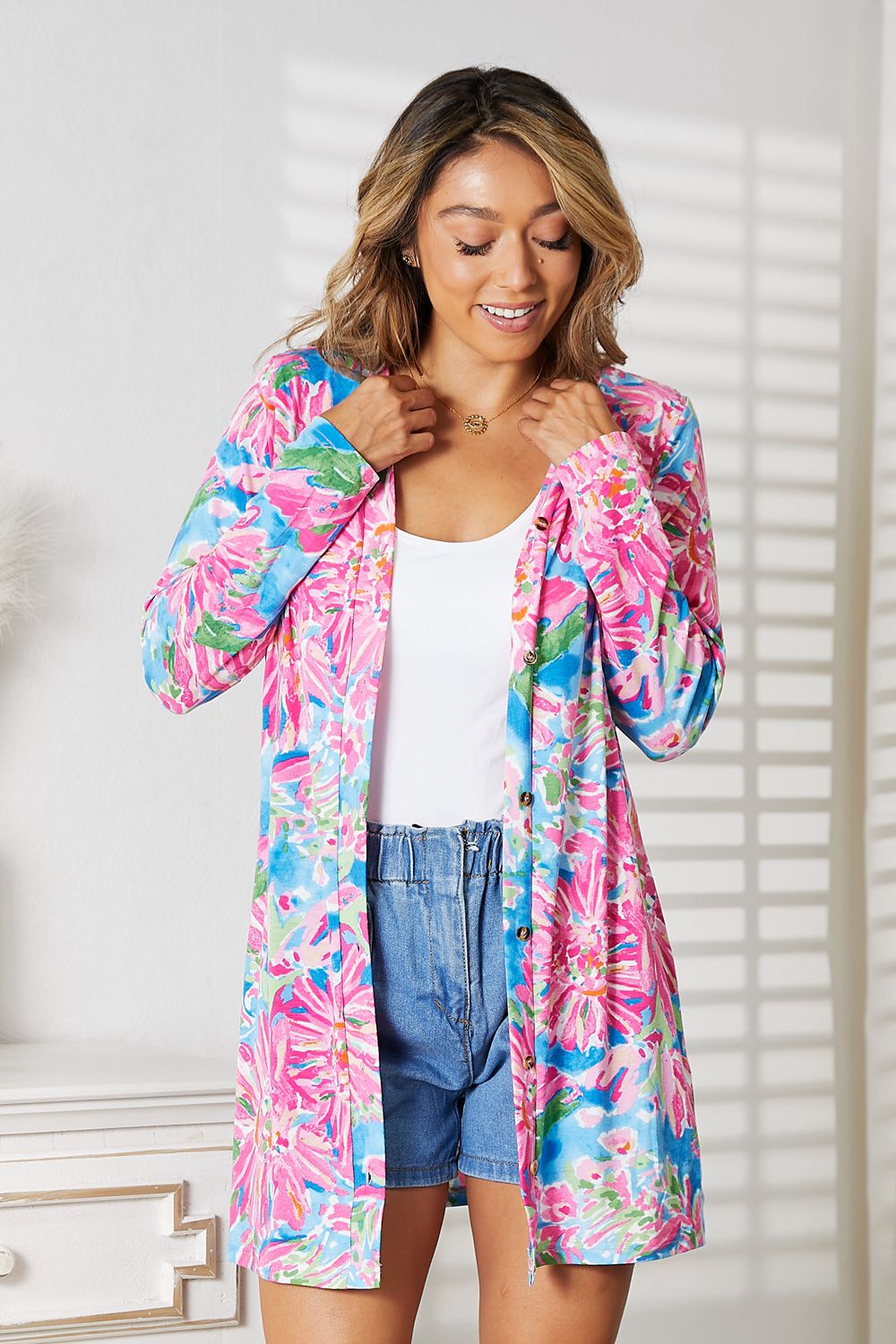 Floral Open Front Long Sleeve Cardigan